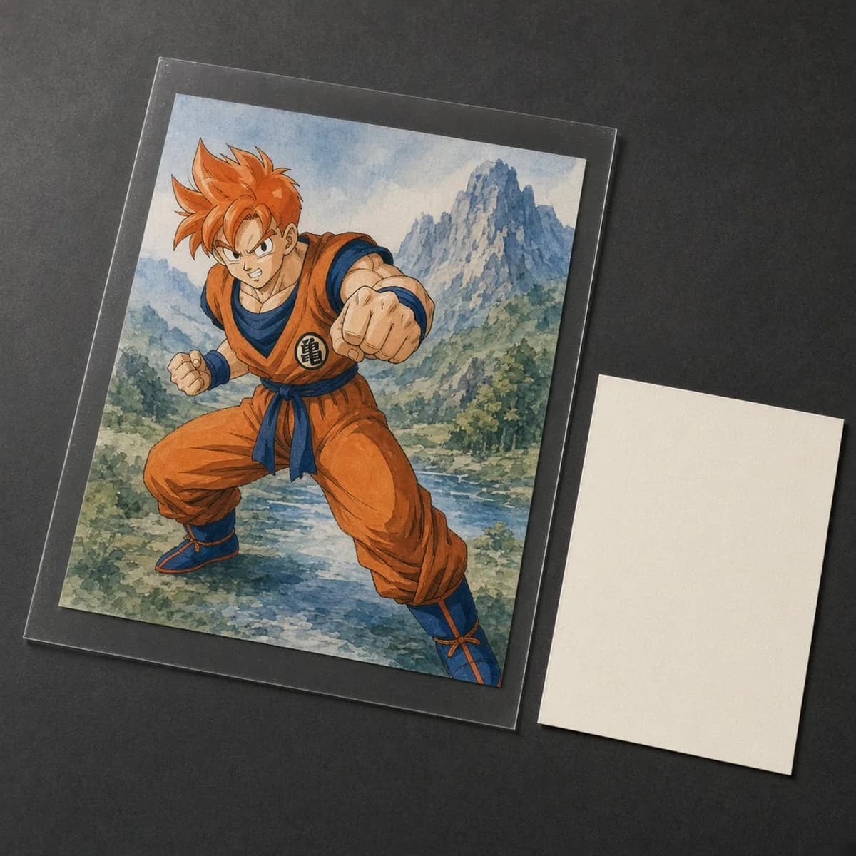 Original Dragon Ball Z production cel of Goku with a background, early 1990s, certificate of authenticity included. Catalog illustration.